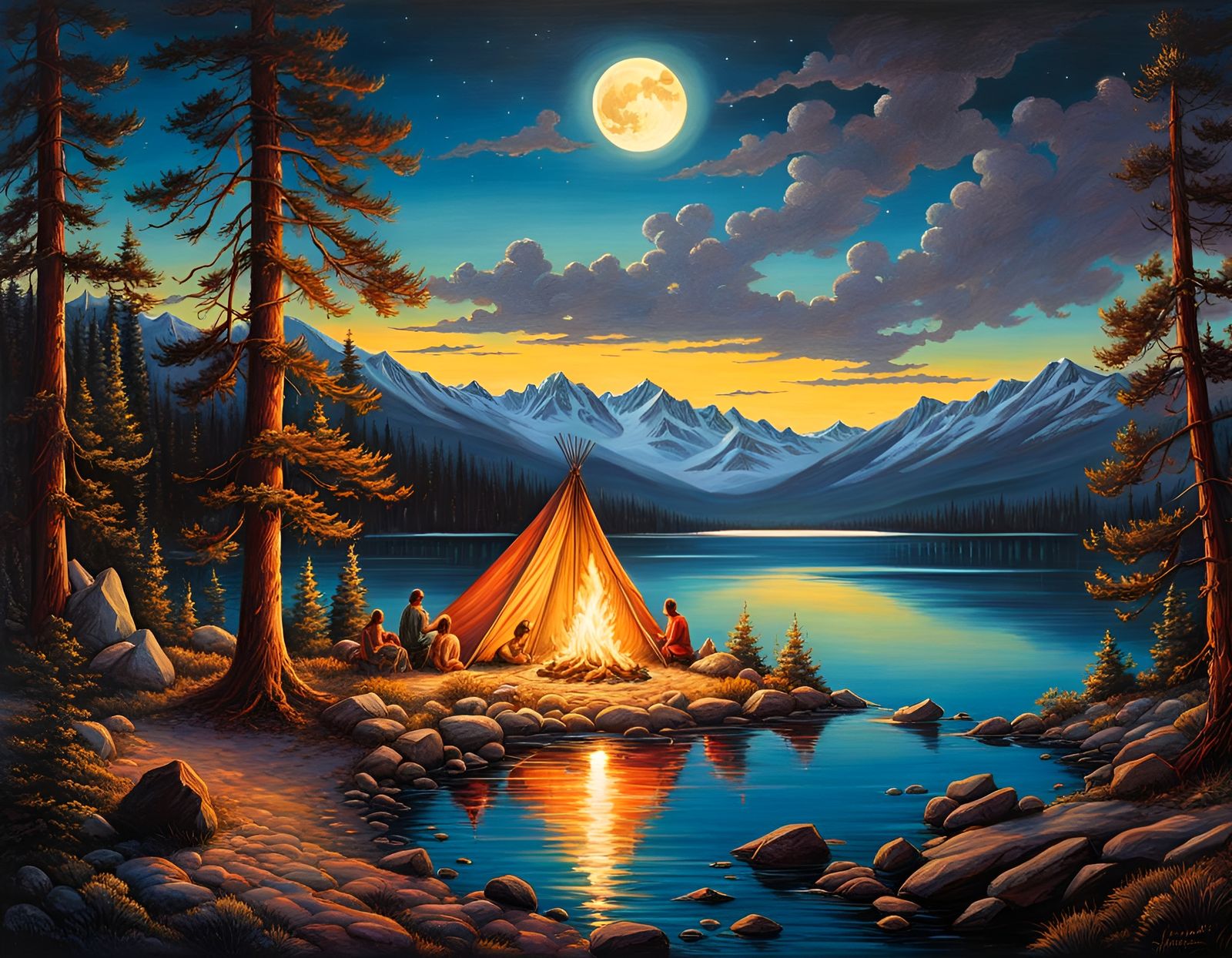 Lake Tahoe Campsite at Night in Folk Art Style