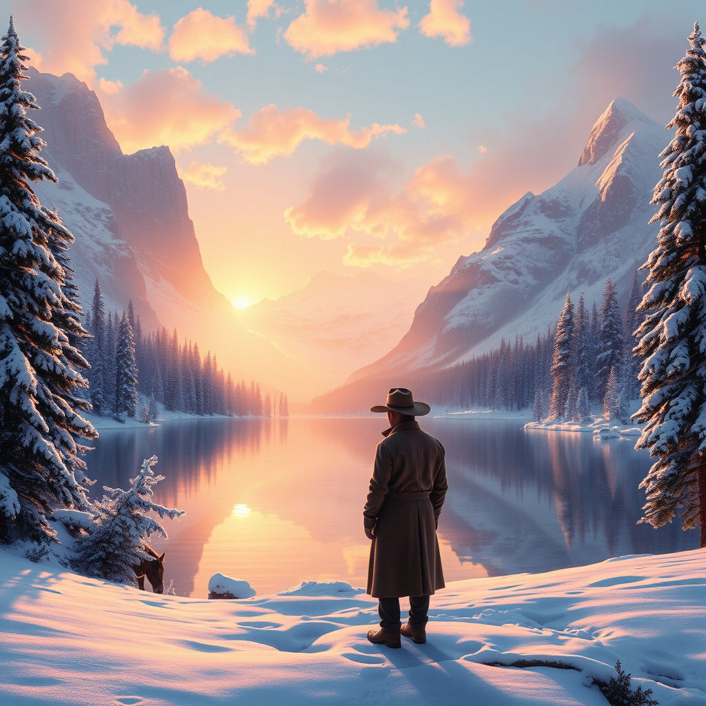 Snowy Alpine Lake at Sunrise in Bierstadt Style