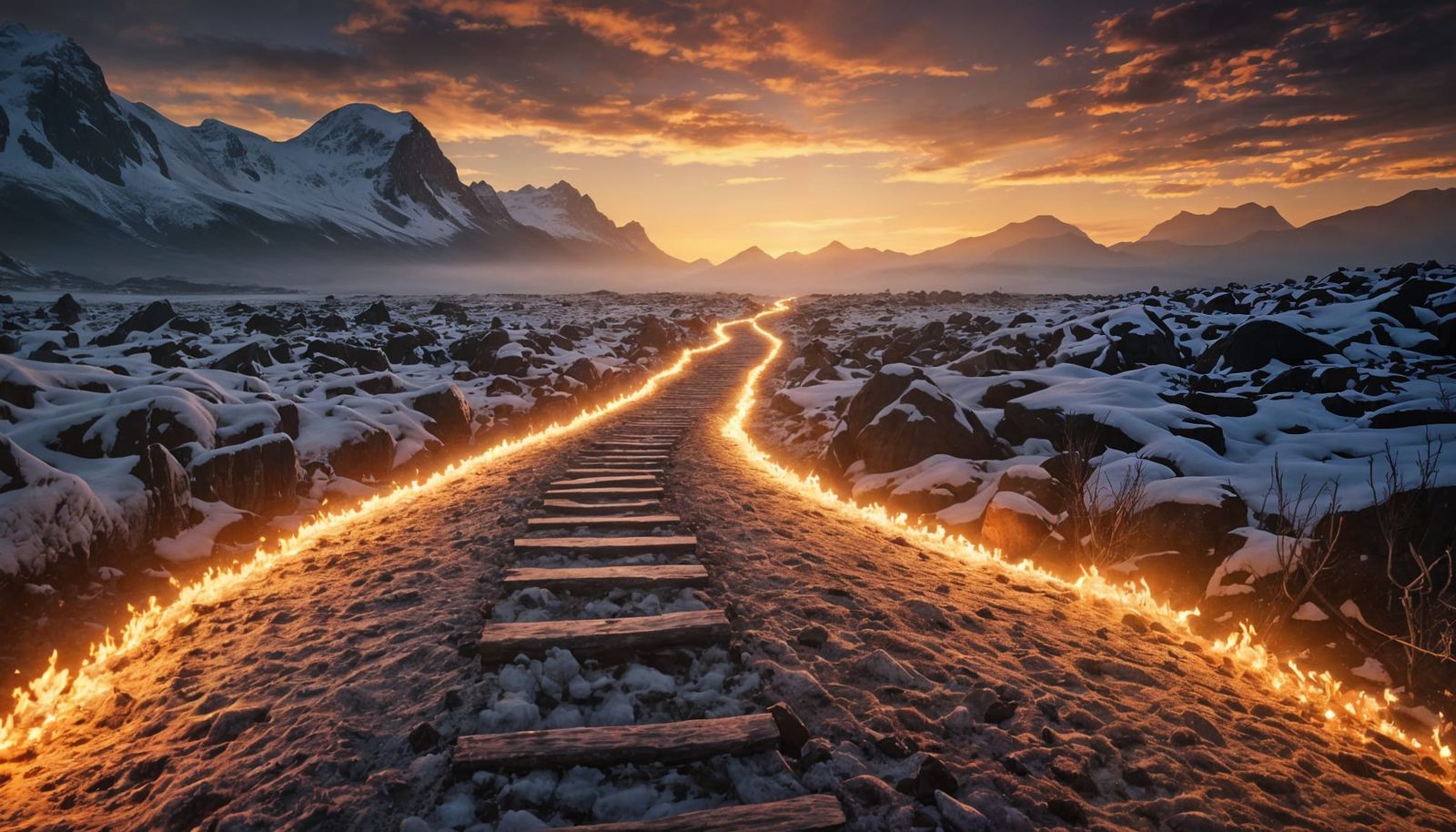 Cinematic Pathway of Fire, Diamonds, Water, and Snow