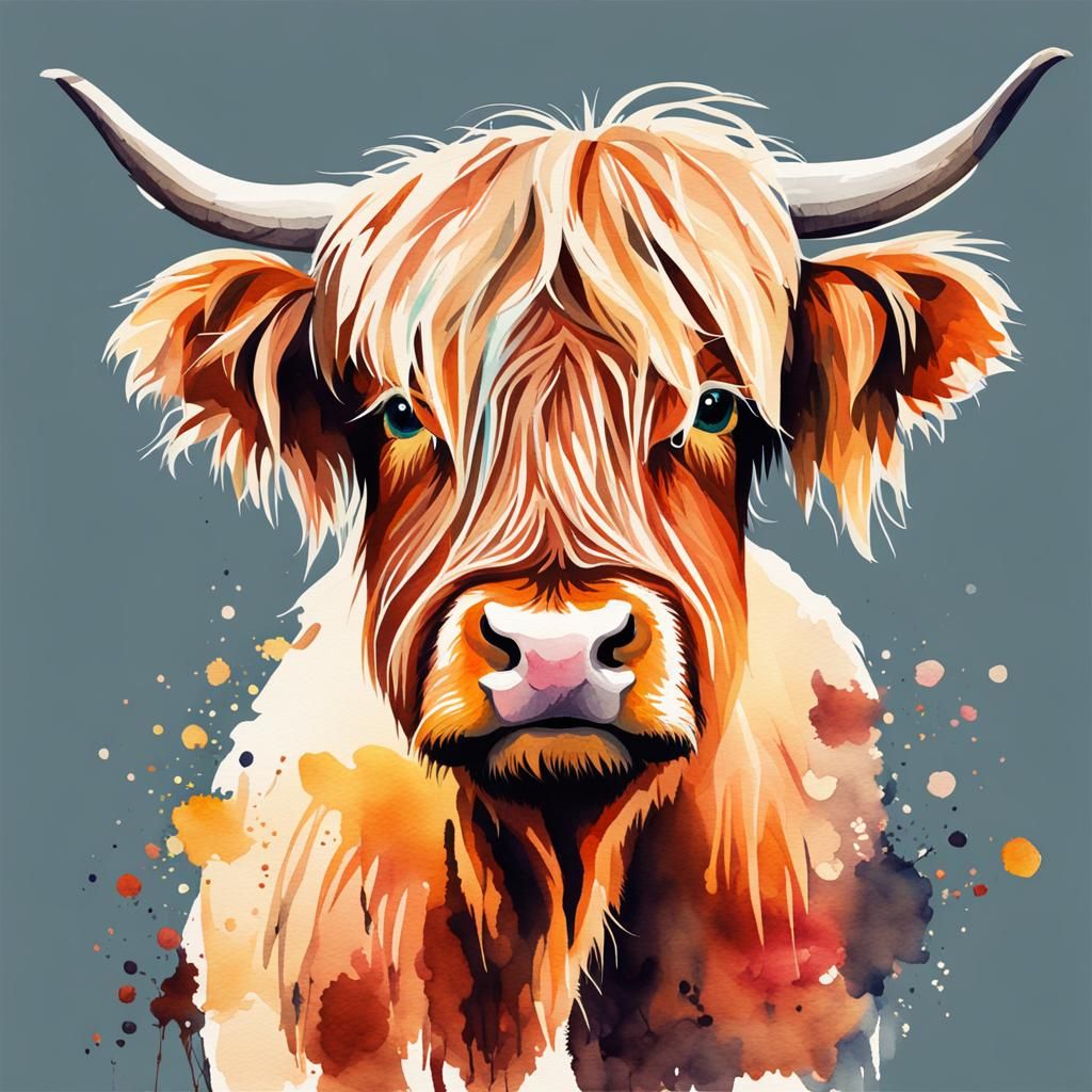 Cute Highland Cow in Watercolor Style