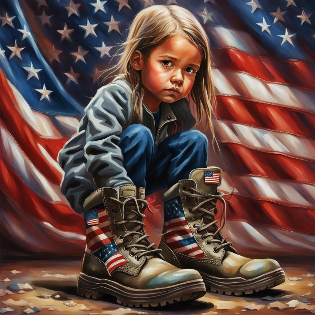 Girl in Boots with American Flag: Hyperrealistic Art