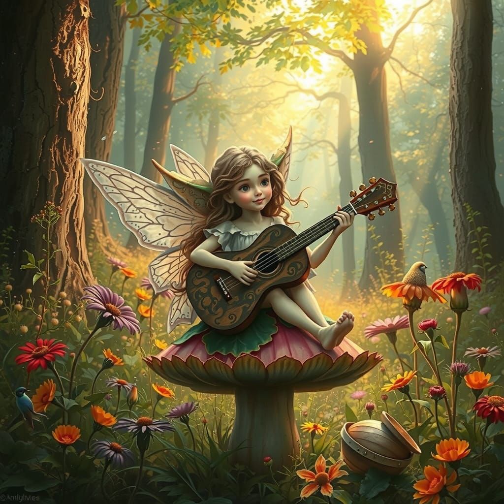 Whimsical Fairy Plays Guitar in Enchanted Forest
