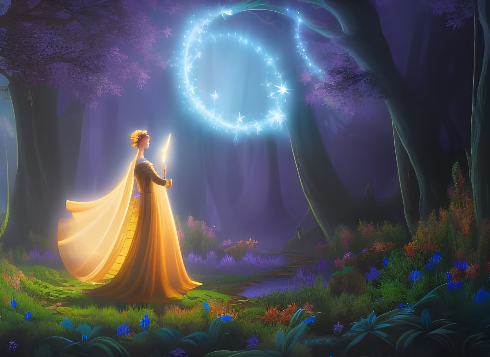 Wizard Opens Forest Portal with Magic Swirls