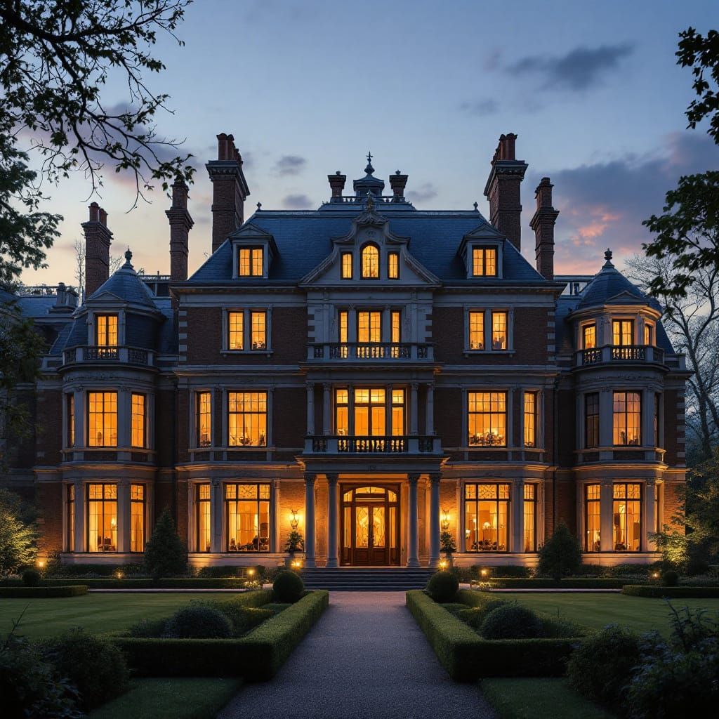 Grand Georgian Mansion with Thirty Glowing Windows at Dusk