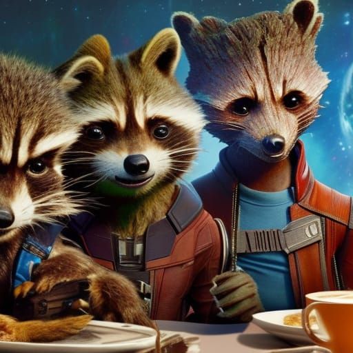 Rocket and Groot in Paris: Detailed Oil Painting