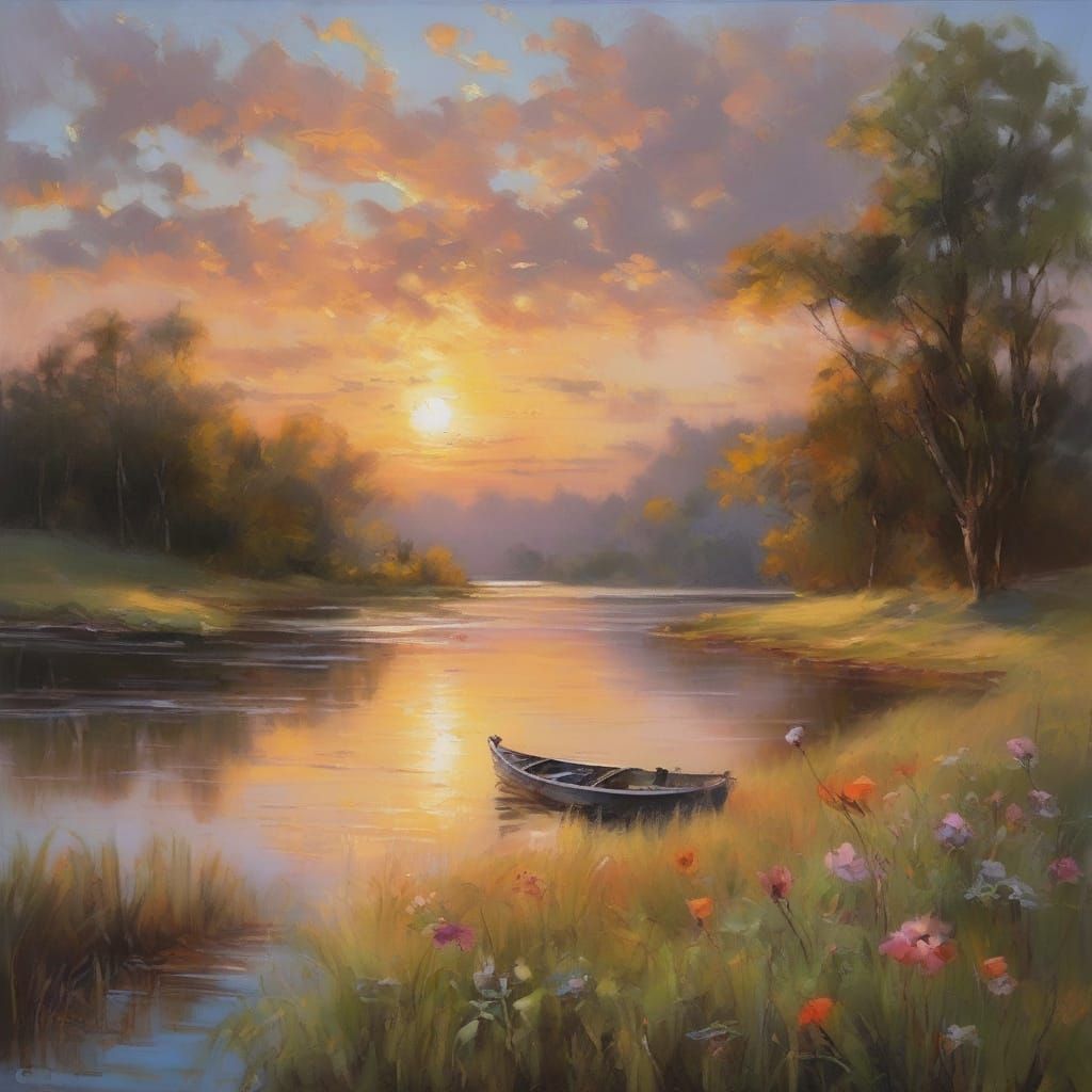 Vibrant Impressionist Landscape with Kayak and Lake