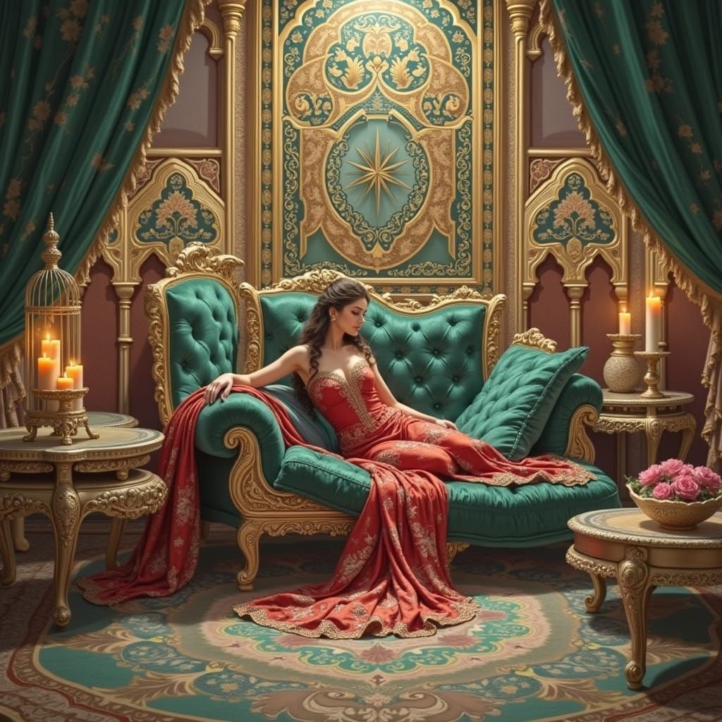 Regal Woman in Exotic, Gold-Accented Opulence