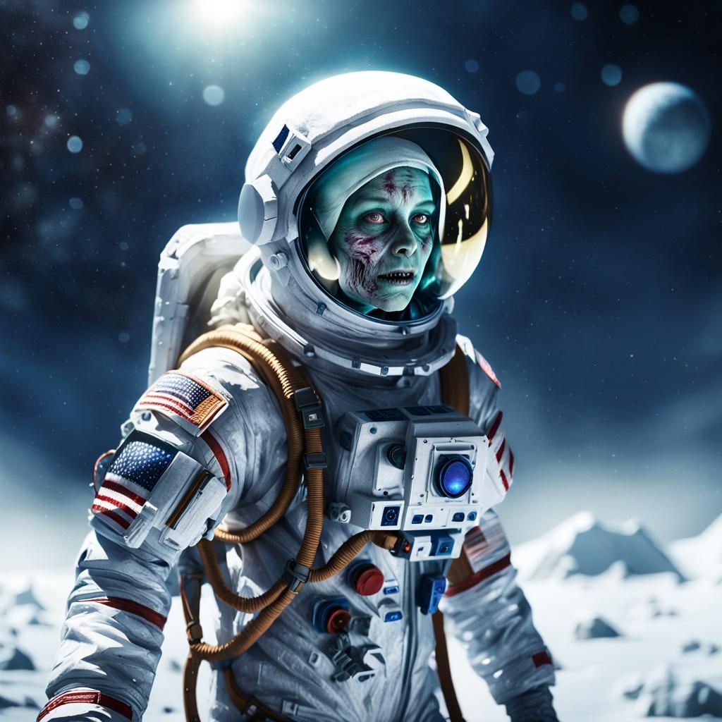 Scary Zombie Astronaut Floating in Icy Space