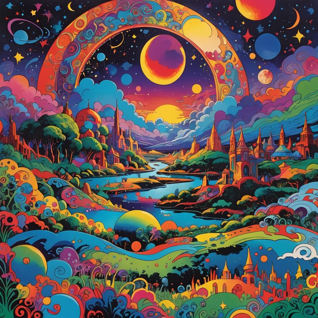 Psychedelic Band Under Moonlight in Peter Max Style