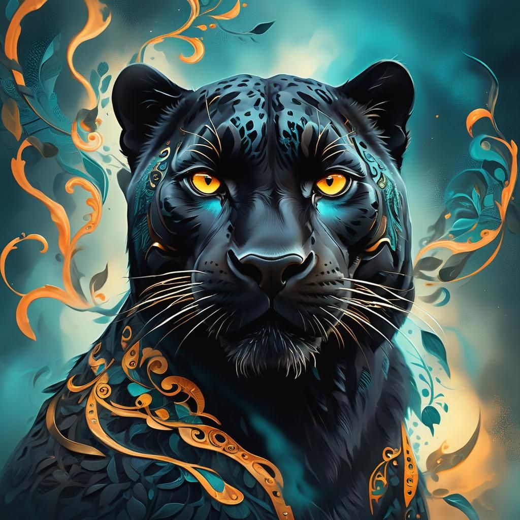 Black Panther Portrait with Orange Eyes in Whimsical Style