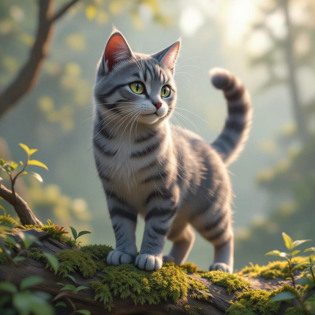 Grey Tabby Cat on Branch in 3D Anime Style