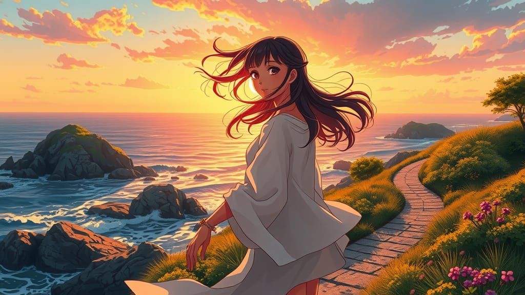 Young Woman at Seaside Sunset, Anime Style