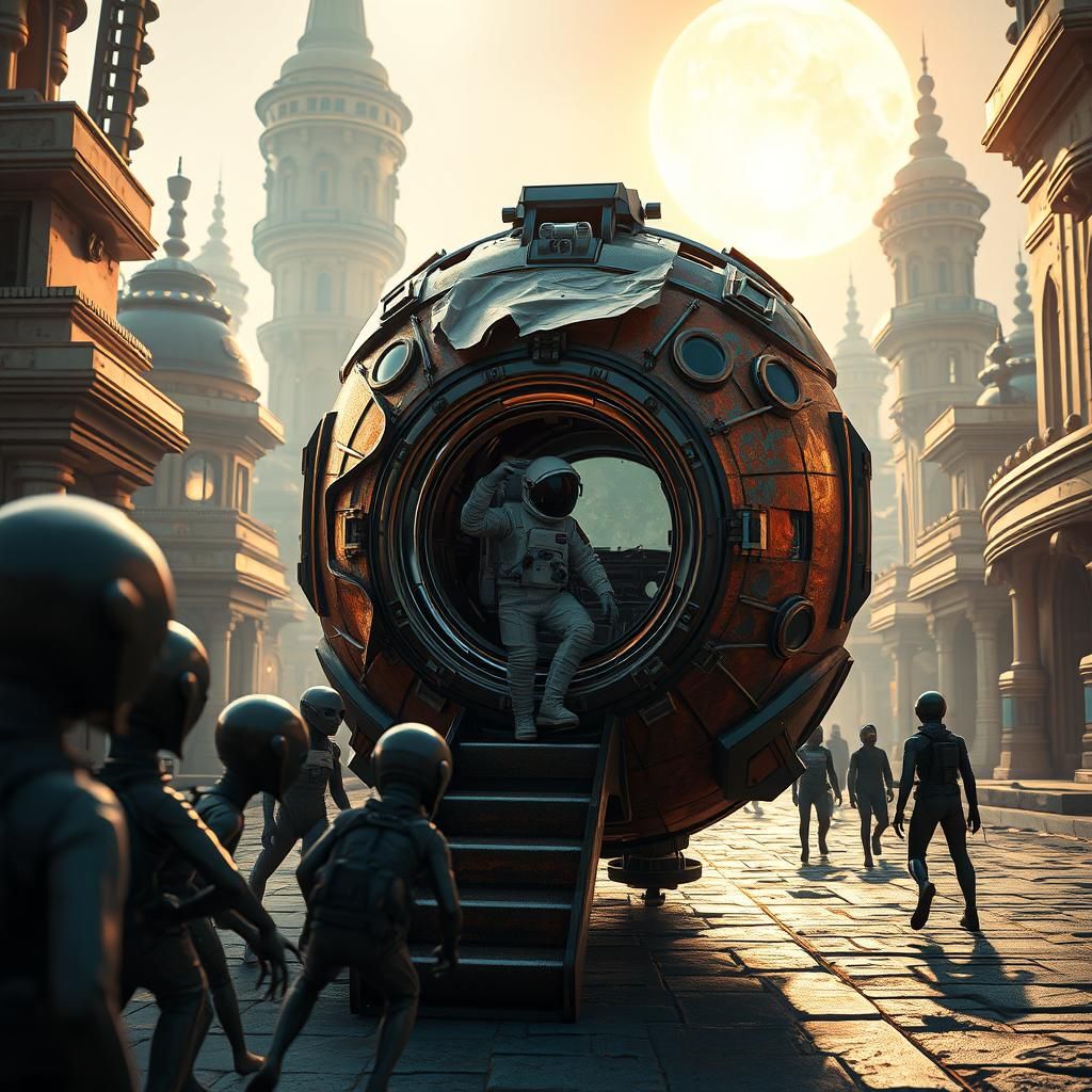 Astronaut's First Contact on Alien City Street