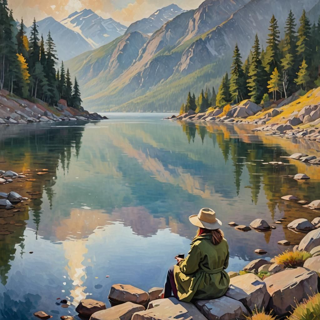 Woman with Coffee by Lake: Impressionist Oil Painting