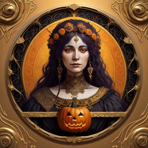 Klimt-Inspired Halloween Goddess in Art Nouveau Frame