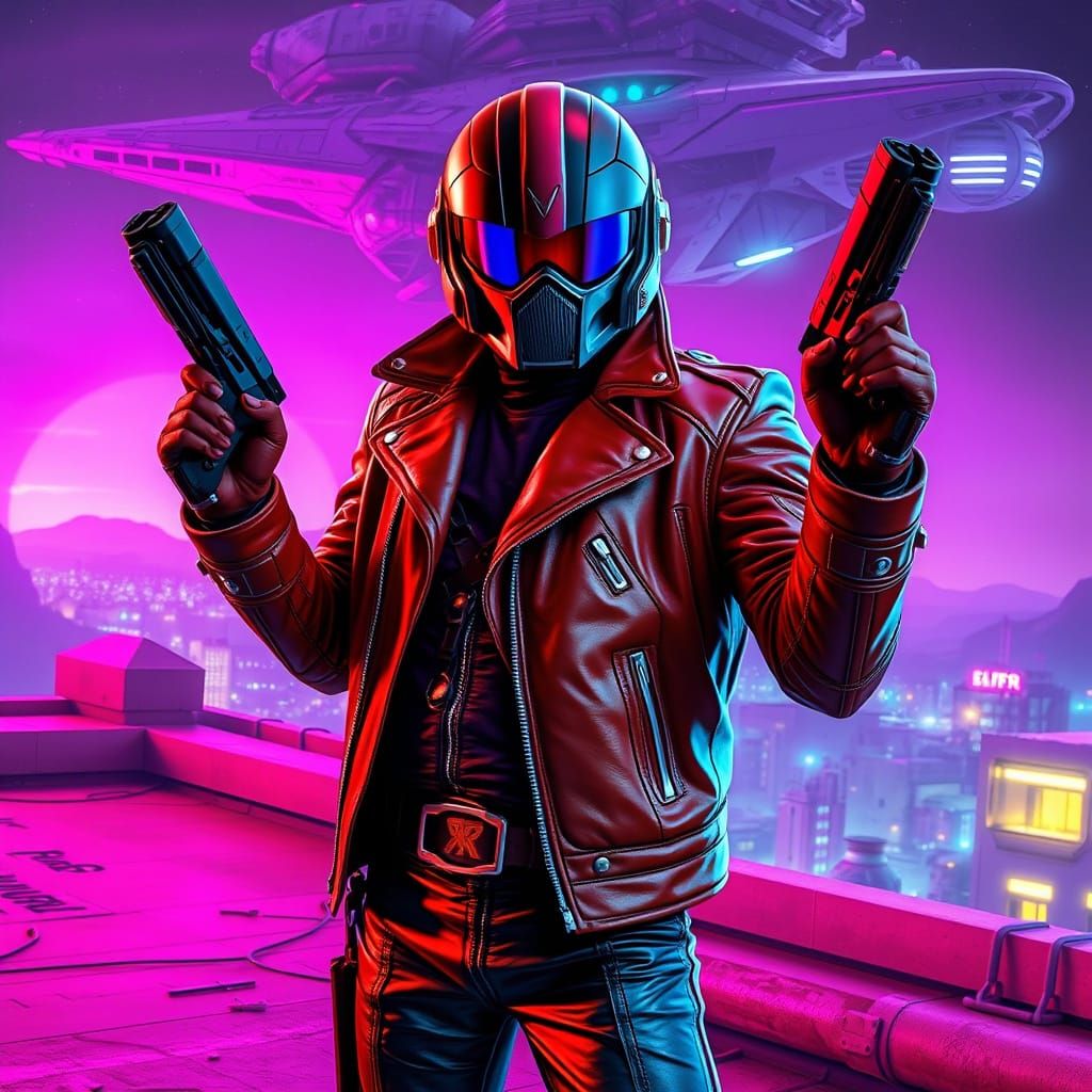 Star-Lord on Neon Rooftop in Retro-Sci-Fi Style