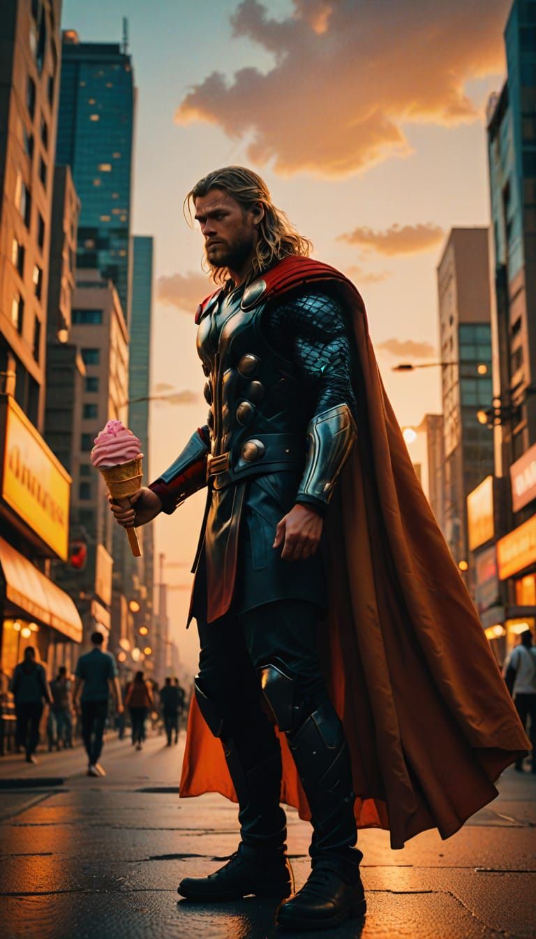 Thor Wields Golden Strawberry Ice Cream in Cinematic Citysca...