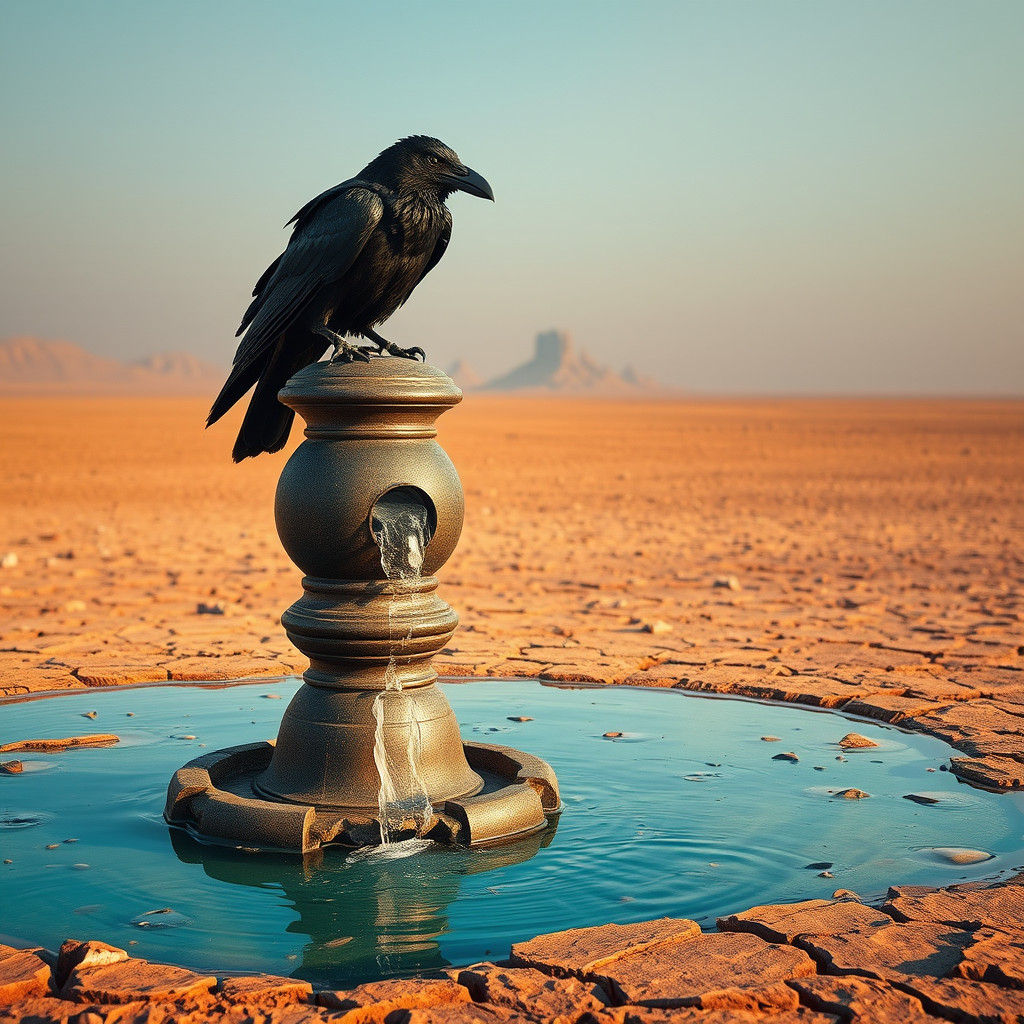 Crow on Ancient Kamandalam in Barren Landscape