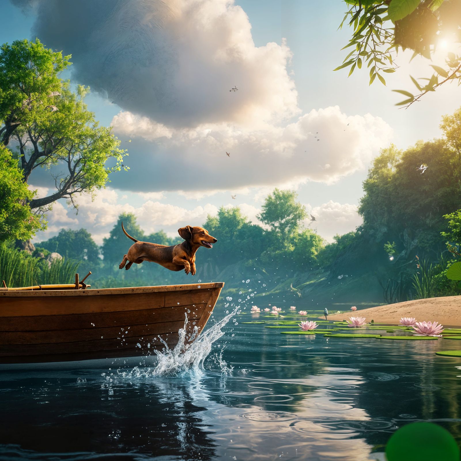 Happy Dachshund Leaping into Lake: Fantasy Concept Art