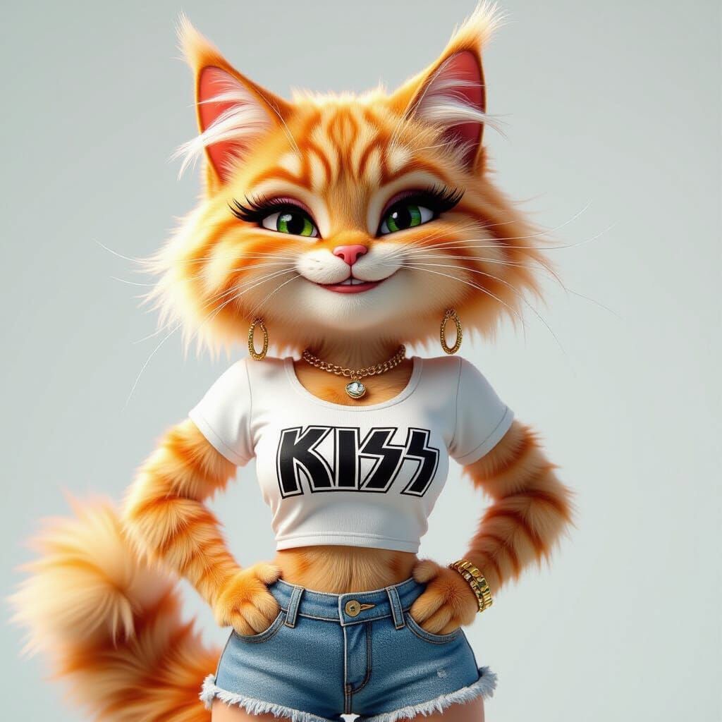 Sultry Ginger Cat in KISS Top & Denim Shorts