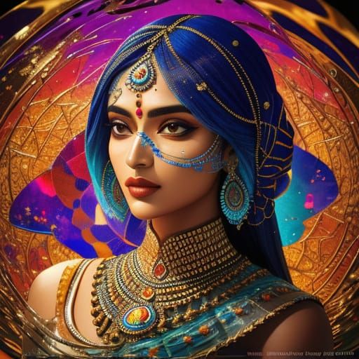 Cubist Portrait of Indian Woman with Water Effects