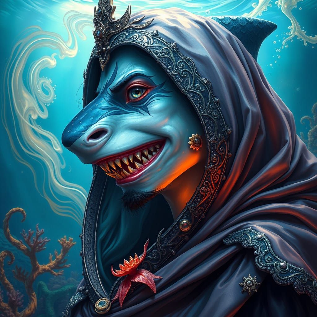 Majestic Underwater Prince with Shark-Like Features