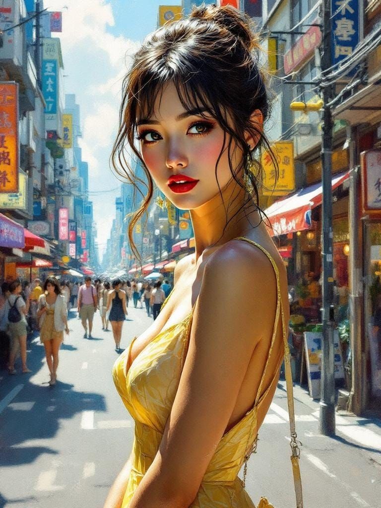 Tokyo Street Scene in Encrustique Impressionist Style