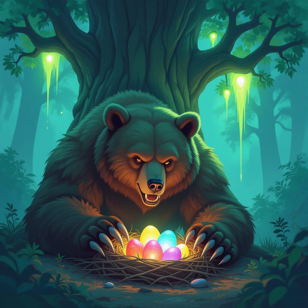 Colossal Bear Guards Bioluminescent Eggs in Ethereal Tree