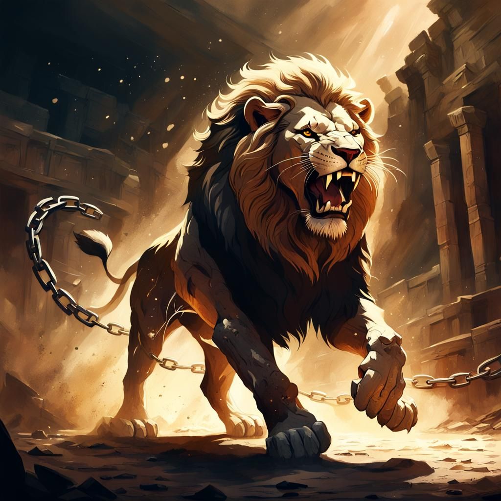 Roaring Lion Breaks Free: Frazetta-Inspired Concept Art