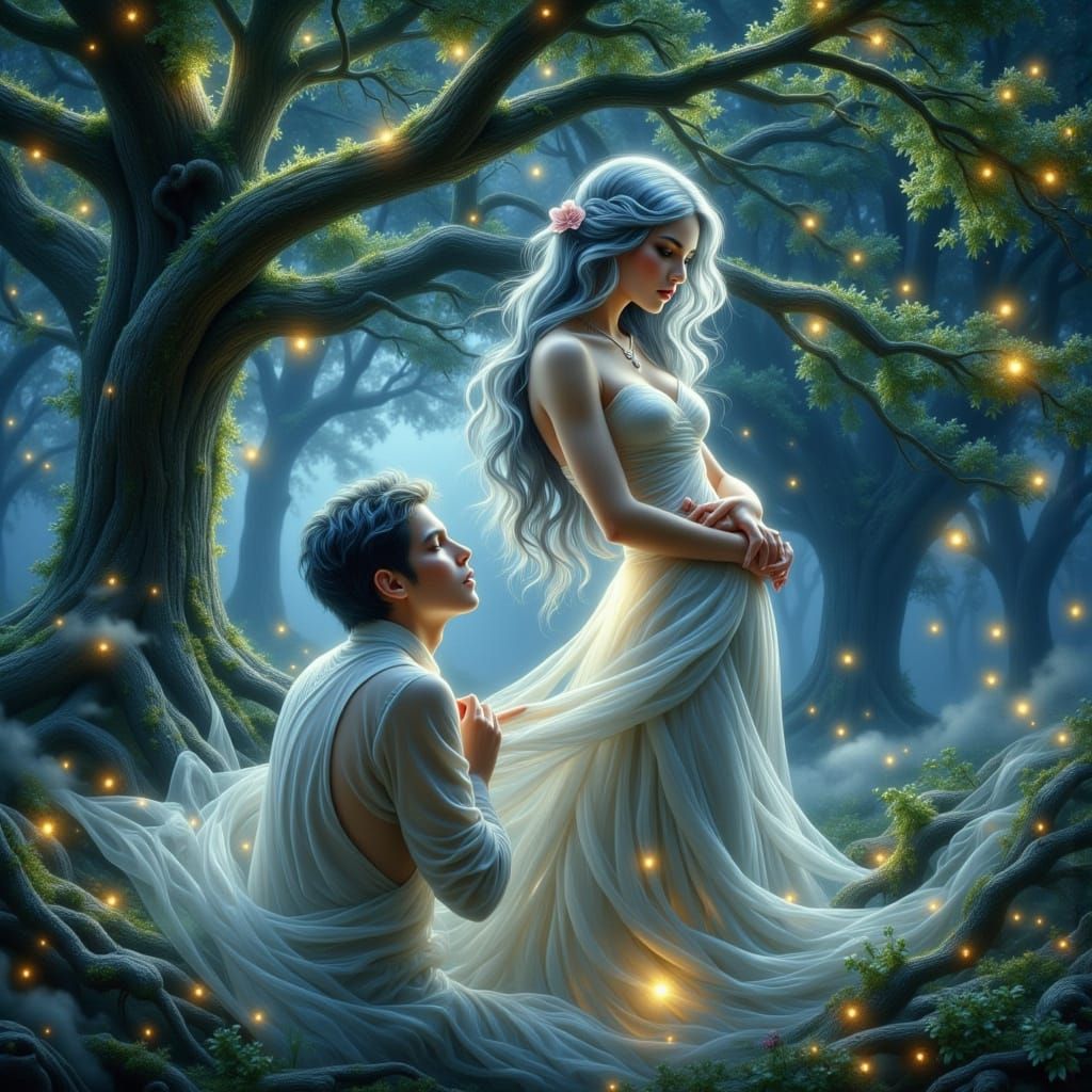 Ethereal Glade Encounter in Art Nouveau Style