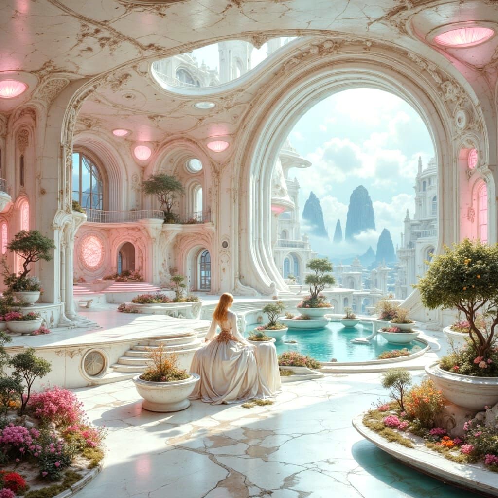 Galactic Woman on Solar-Punk Spaceship in Oil Painting Style