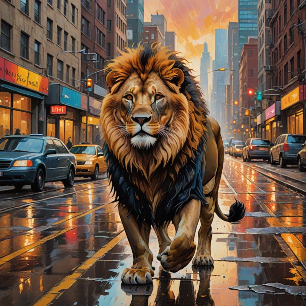 Majestic Lion Reclaims Vibrant City Street