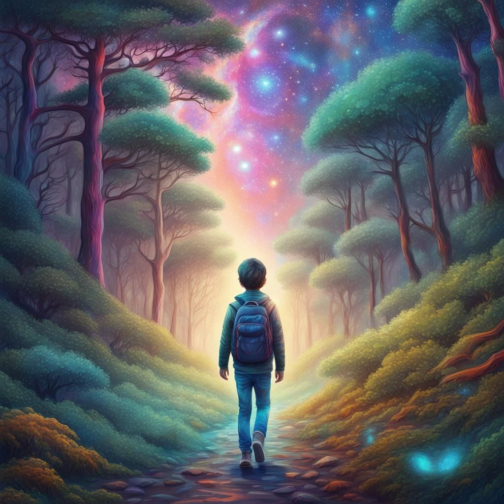 Lonely Boy Walks in Astral Forest Illustration