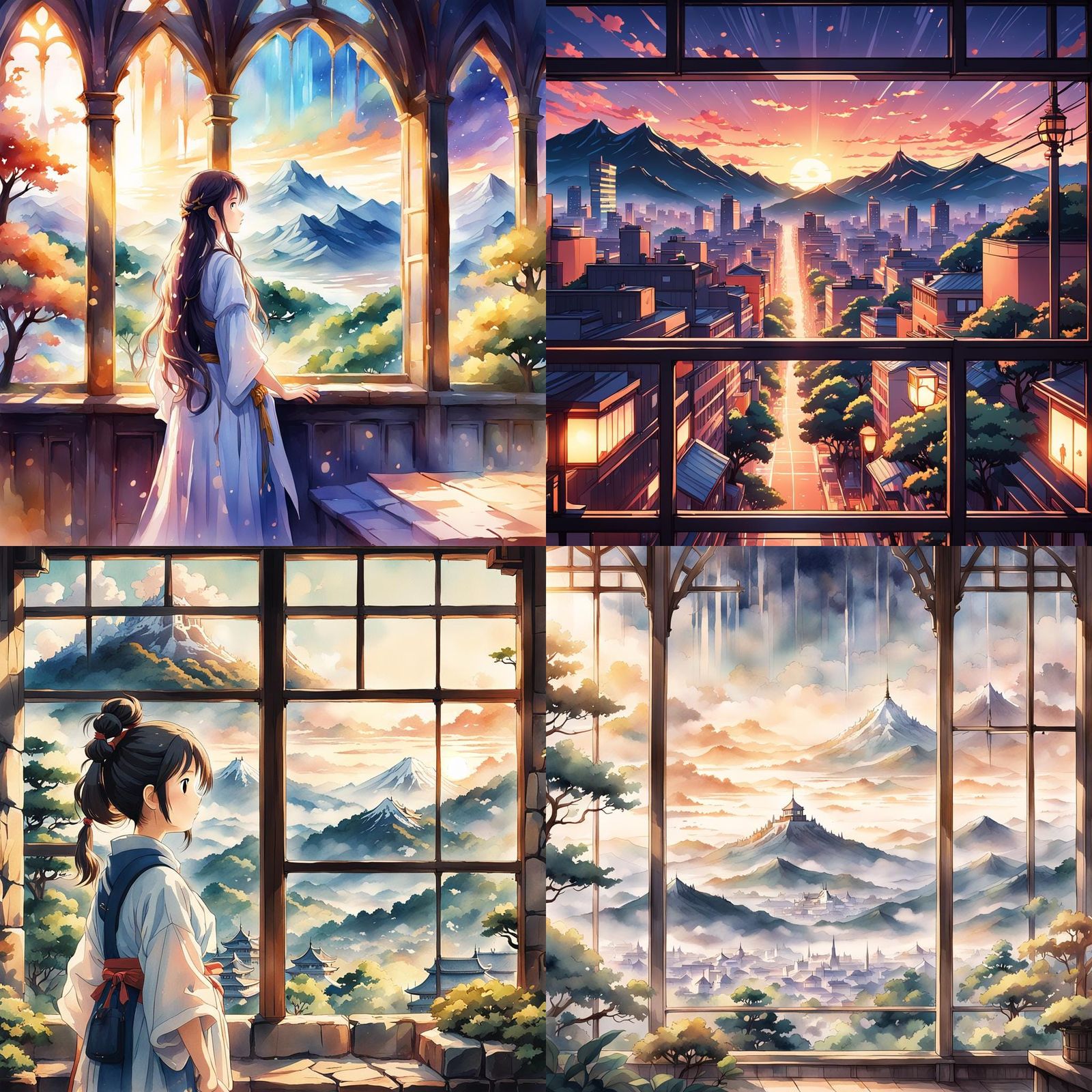 Anime-Style Castle Window View of City