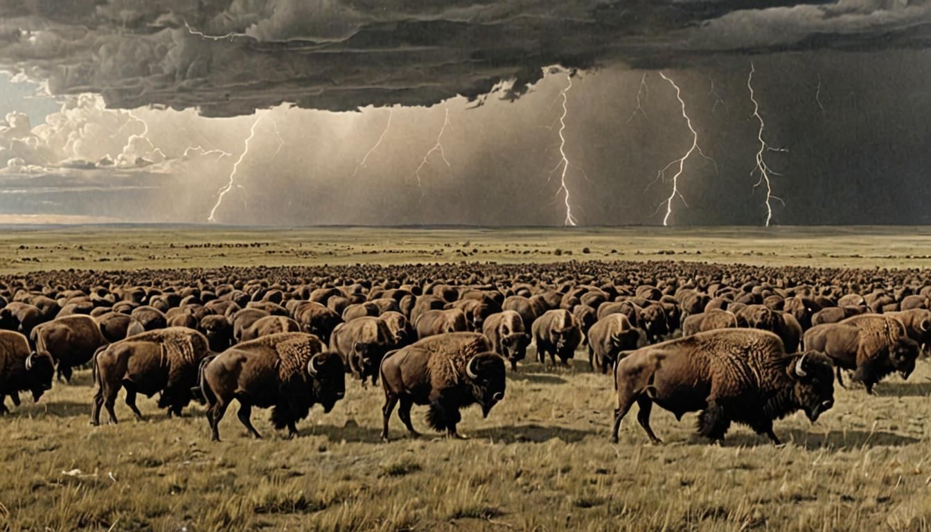 Bison Herds Roam the Great Plains Under Storm