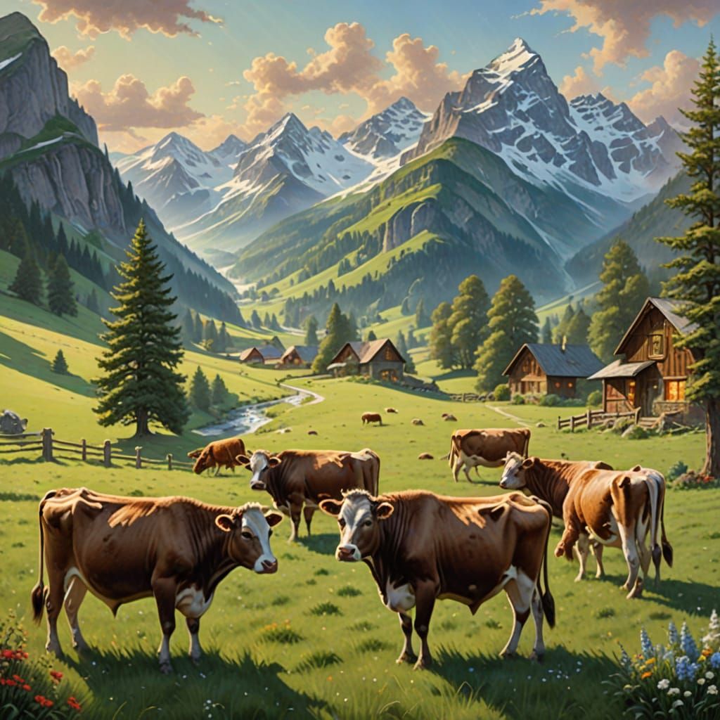Ethereal Alpine Valley With Grazing Brown Swiss Cows