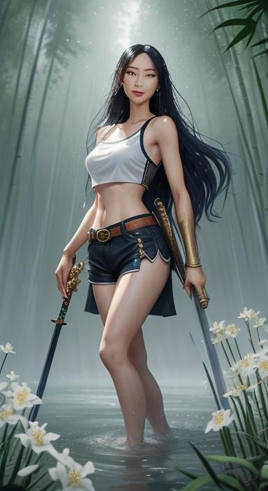 Rainy Day: Japanese Woman with Sword in Hyperrealistic Style