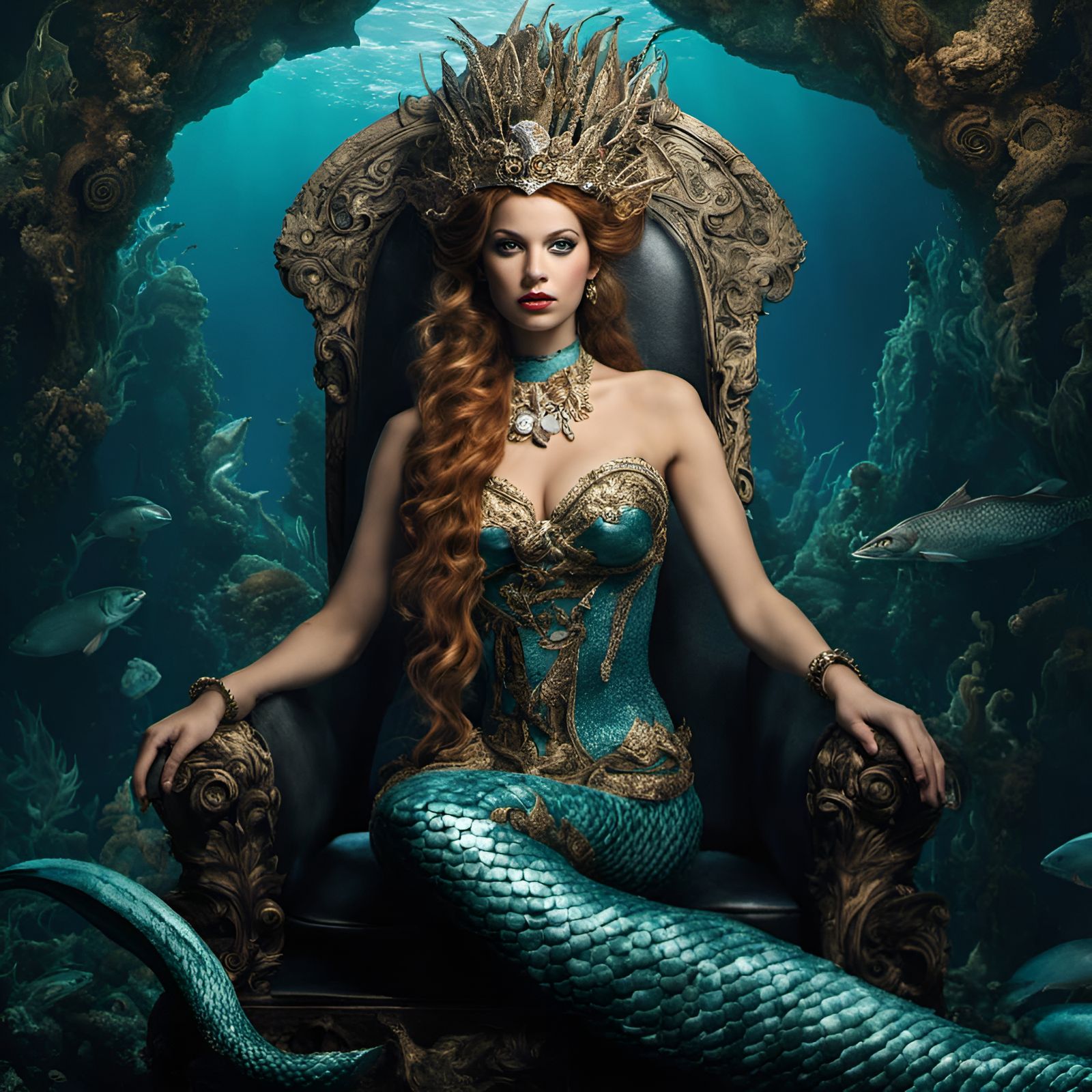Mermaid Queen on Scrimshaw Throne in Atlantis