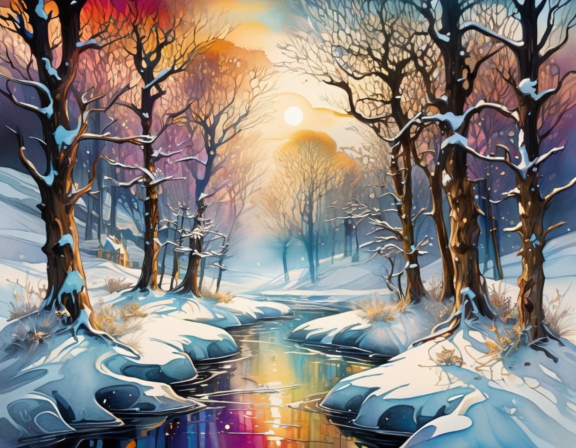 Dreamy Snowscape in Whimsical Art Style