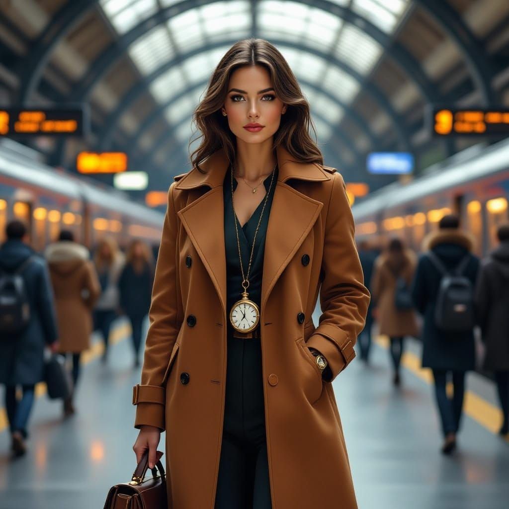 Woman with Pocket Watch in Futuristic Station