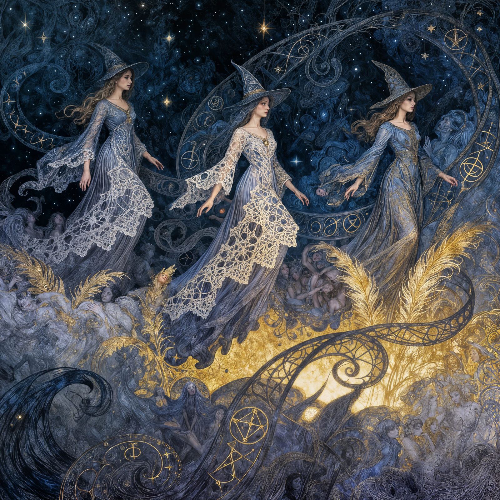 Three Witches Amidst Celestial Night