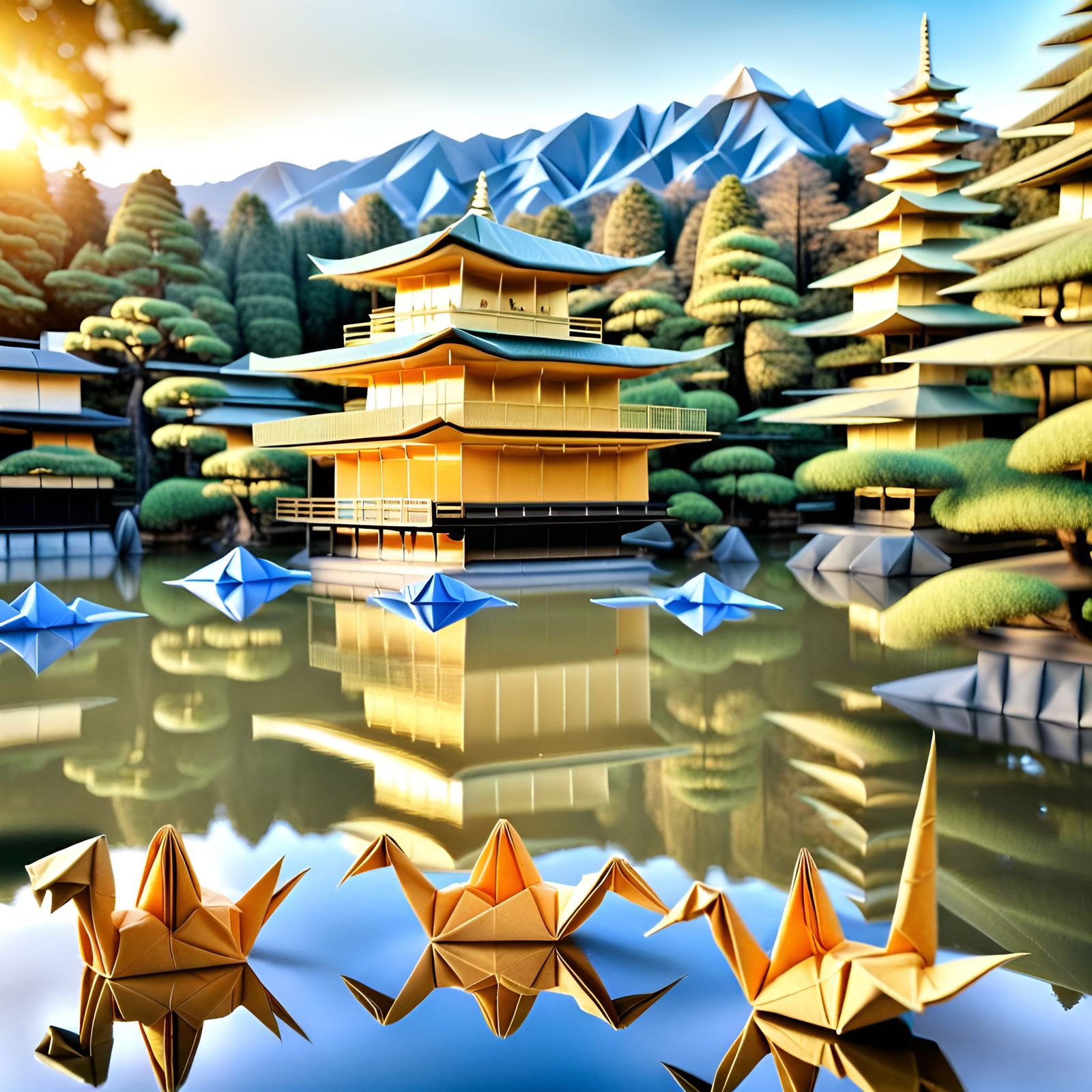 Kinkaku-ji Temple in Origami Papercraft Style