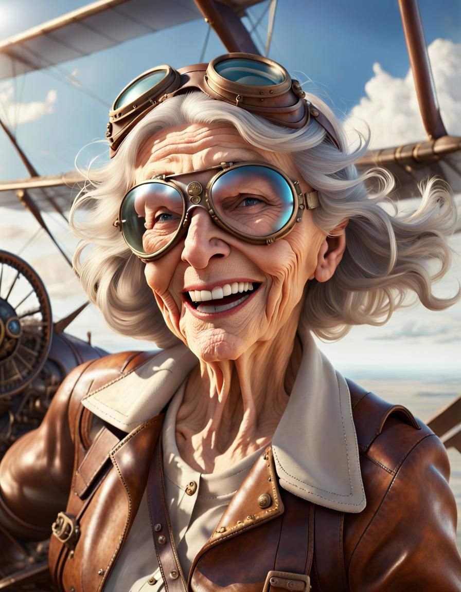 Elderly Aviatrix Smiling on Biplane: 8K Concept Art
