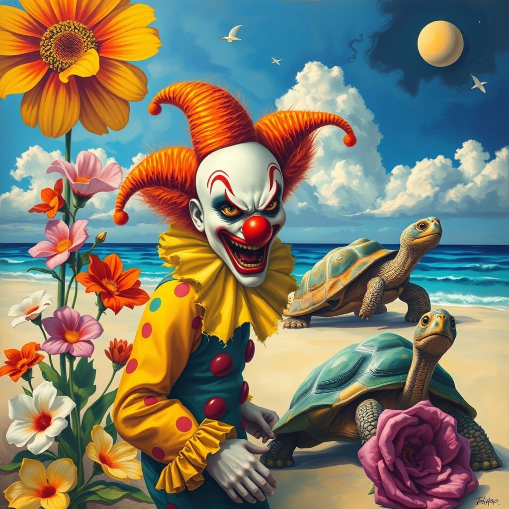 Psychedelic Angry Clown on Surreal Beach