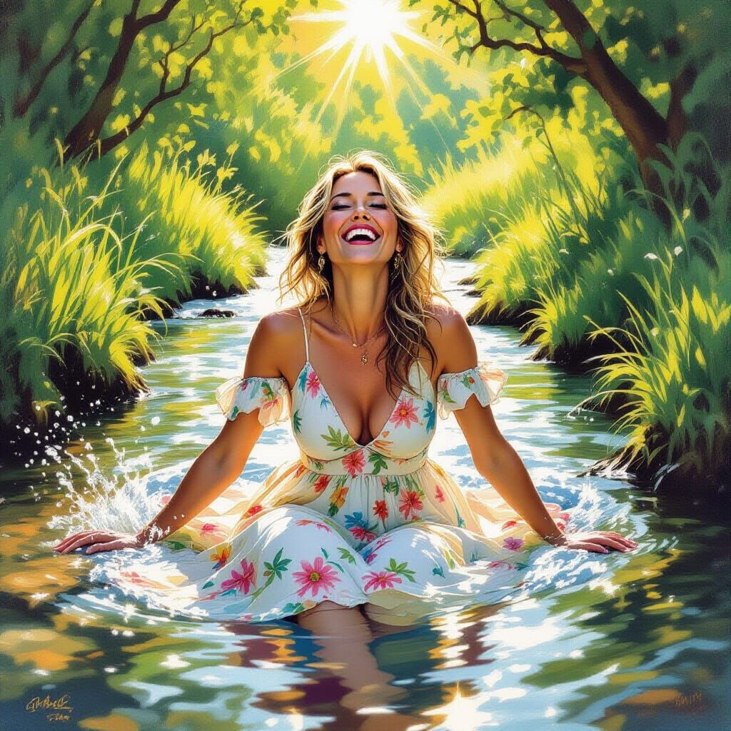 Woman Laughing in Creek, Dreamy Impressionistic Style