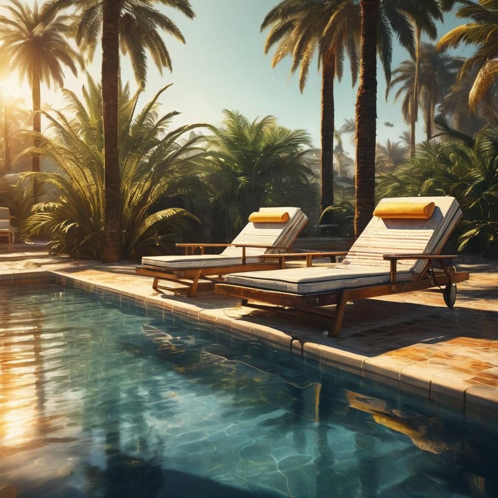 Hyperrealistic Poolside Scene in Summer Sunset Tones