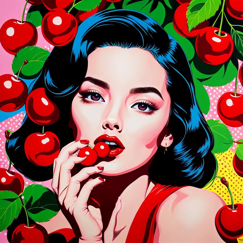 Pop Art Woman Eating Cherries
