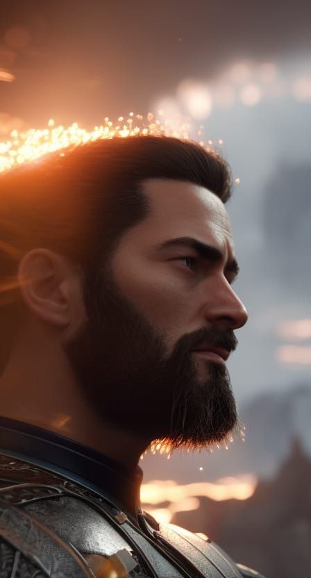 Worried Man's Face with Fire Sparks, Unreal Engine 5