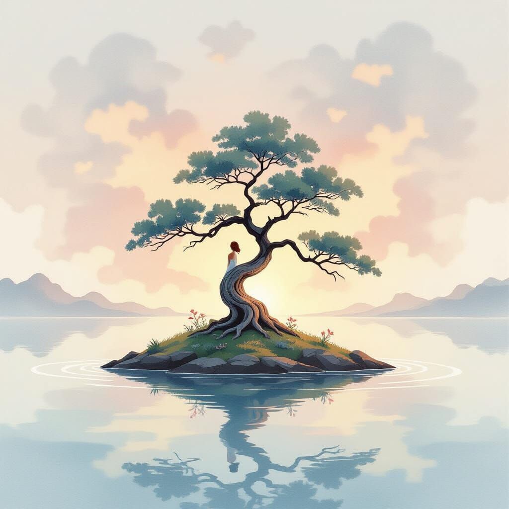 Ancient Gnarled Tree Island Drifting in Pastel Sky
