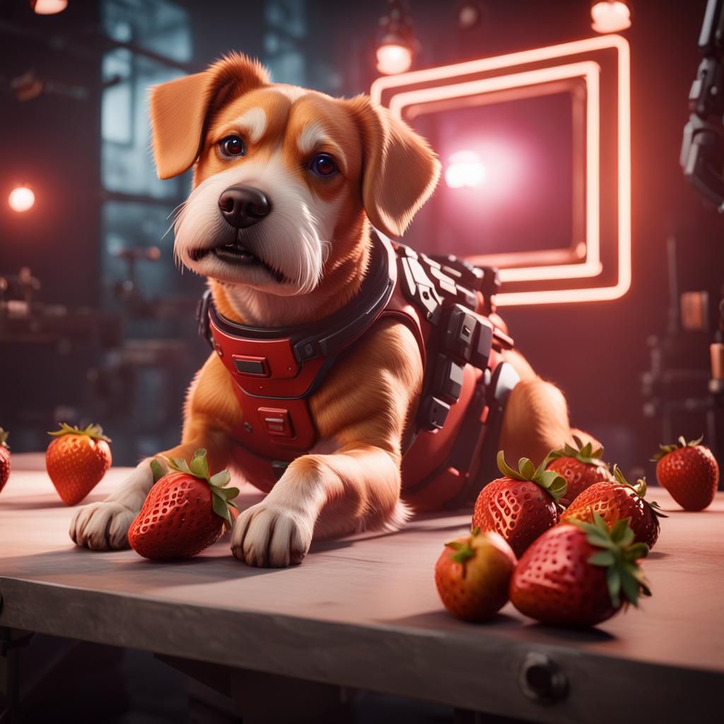 Strawberry-Peach Dog Portrait in 3D Cinematic Style